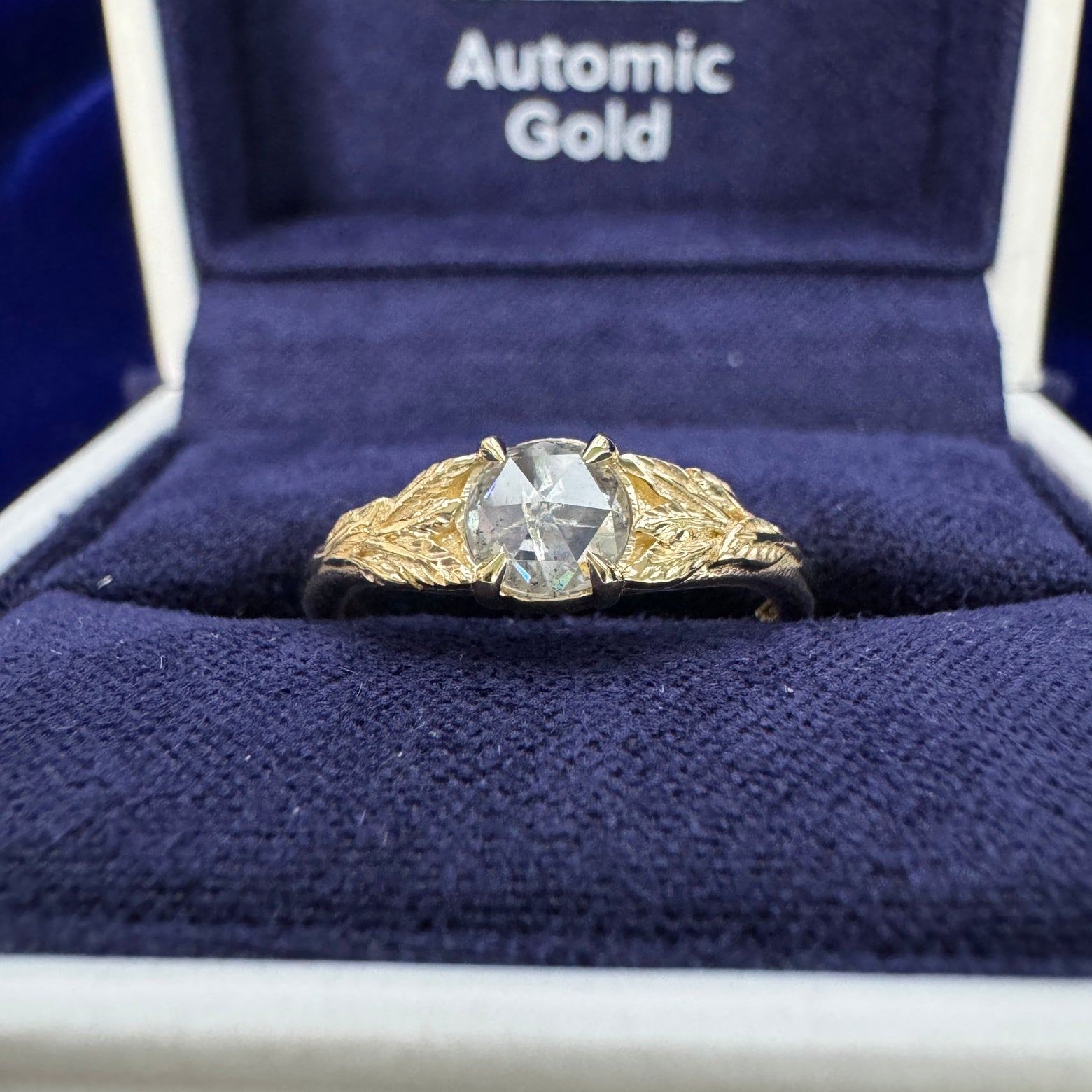 14k Yellow Gold & 0.45ct Round White Salt and pepper Diamond Leaves Custom Ring