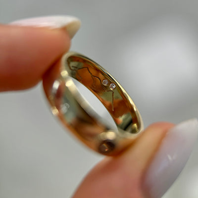 14k Yellow Gold Bezel-set Custom-cut (from 0.59ct 4.5mm Princess) Round Sapphire on Mirror-finish Band w/ White Gold Inlay & Interior Mountain Engravings w/ 2pc Round Diamonds Custom Ring, size 9.5