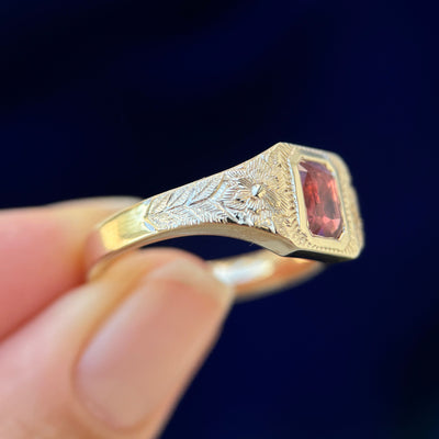 14k Yellow Gold and Bezel-set Customers Emerald-cut Ruby Lotus Flower and Leaves Hand Engraved Band Custom Ring