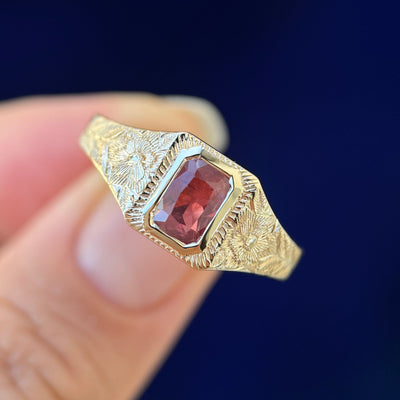 14k Yellow Gold and Bezel-set Customers Emerald-cut Ruby Lotus Flower and Leaves Hand Engraved Band Custom Ring