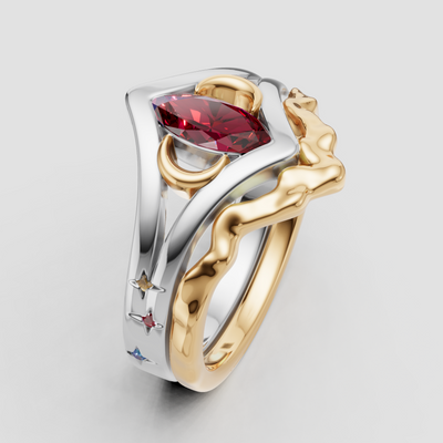 ruby moon ring with cloud wedding band