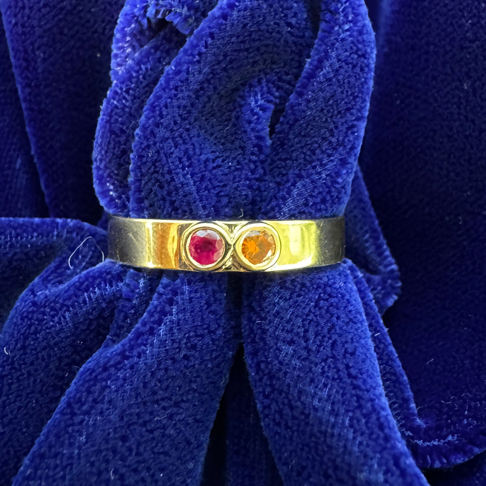 14k Yellow Gold Bezel-set 3mm Ruby and Yellow-orange Sapphire on 4mm Industrial Mirror Band Custom Ring