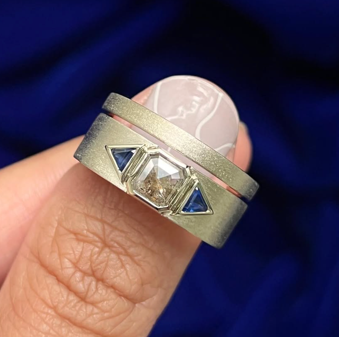 14k Champagne Gold Bezel Set Salt and Pepper Diamond with Blue Triangle Sapphires on 8mm Band with Matching Wedding Ring Custom Set