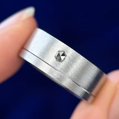 14k White Gold Hexagon Salt and Pepper Diamond on 6mm Matte Industrial Band with 2mm Nesting Band Matching Custom Rings