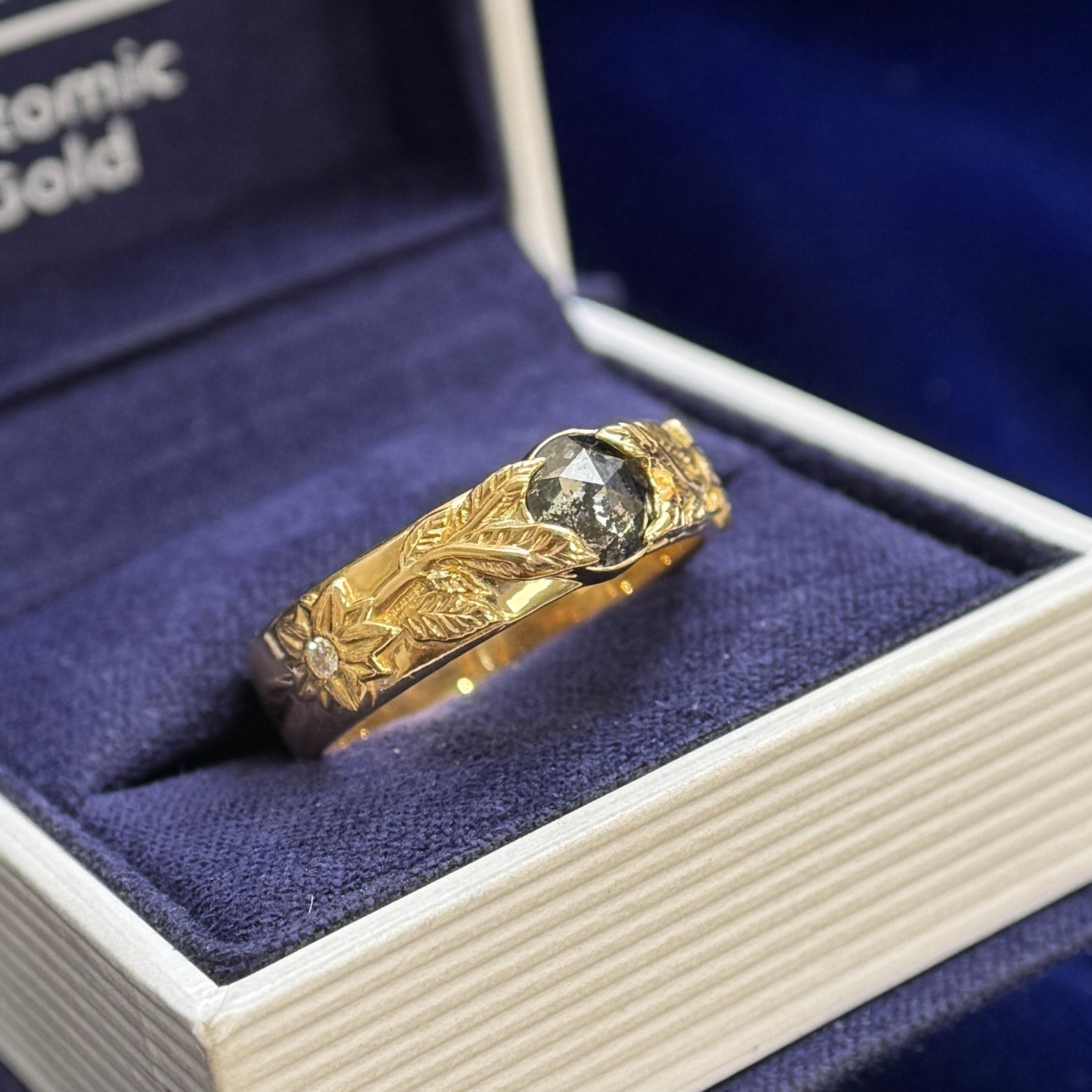 18k Yellow Gold and 6mm Round Salt-and-pepper Diamond Leaves and 2pc Small Wild Sunflower on Solid 6mm Band Ring Custom Ring, size 9.5