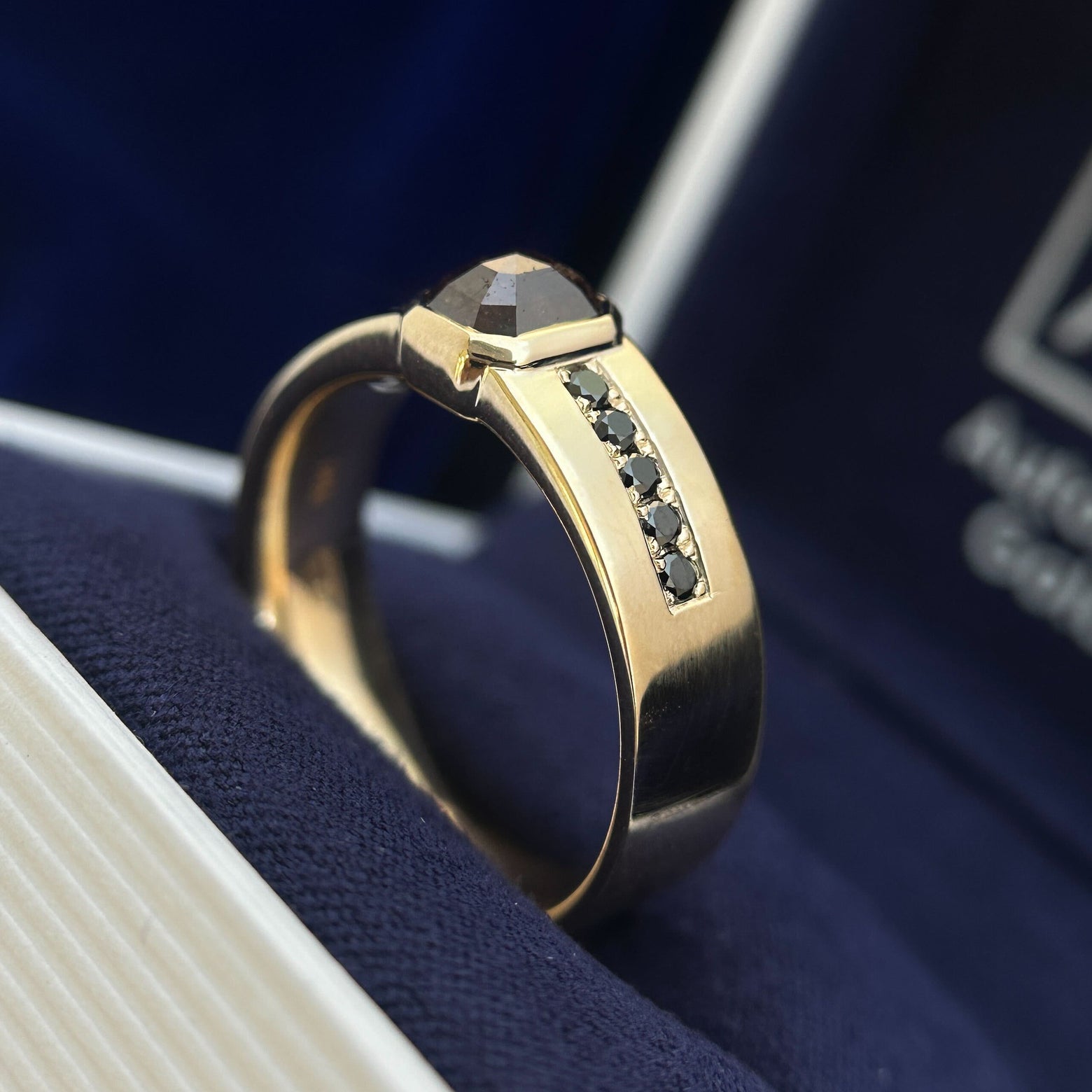 14k Yellow Gold Bezel-set Rose-cut-side-up 1.72ct 5.5x7mm Salt-and-pepper Diamond with Pave of 10pc 1.8mm Black Diamond on 7mm Solid Band Custom Engagement Ring, 10 gram, size 12