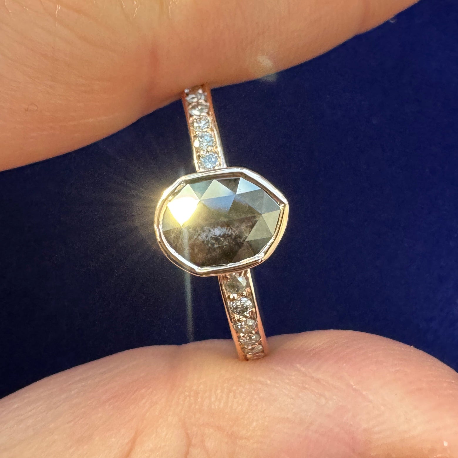 14k Rose Gold and Milgrain-bezel-low-set 0.94ct Oval Salt-and-pepper Lab Diamond & Chanell-milgrain-set 16pc 1.5mm Round Salt-and-pepper Diamonds Custom Ring, size 11.25