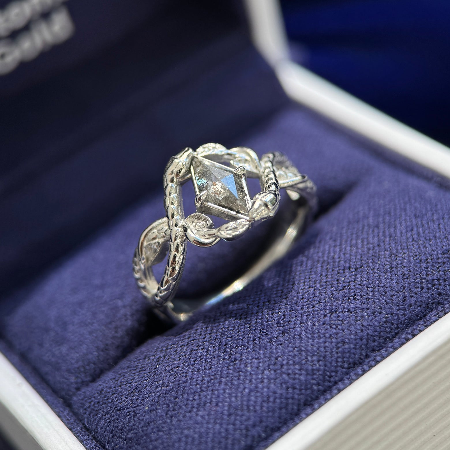 950 Platinum with 0.42ct Kite Salt and Pepper Diamond with Intertwined Snakes 4mm Band Custom Ring, size 6