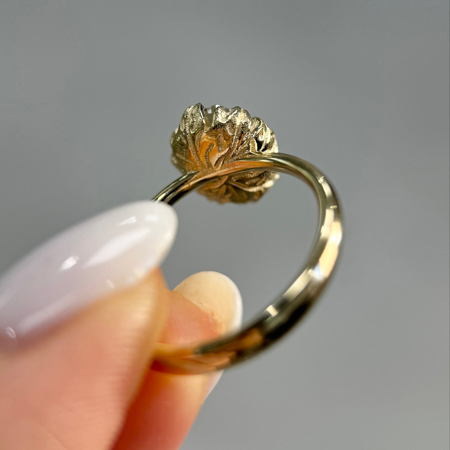 14k Yellow Gold & 1.89ct Oval Salt-and-pepper Diamond in Begonia Leaf Setting Tapered Band Custom Ring
