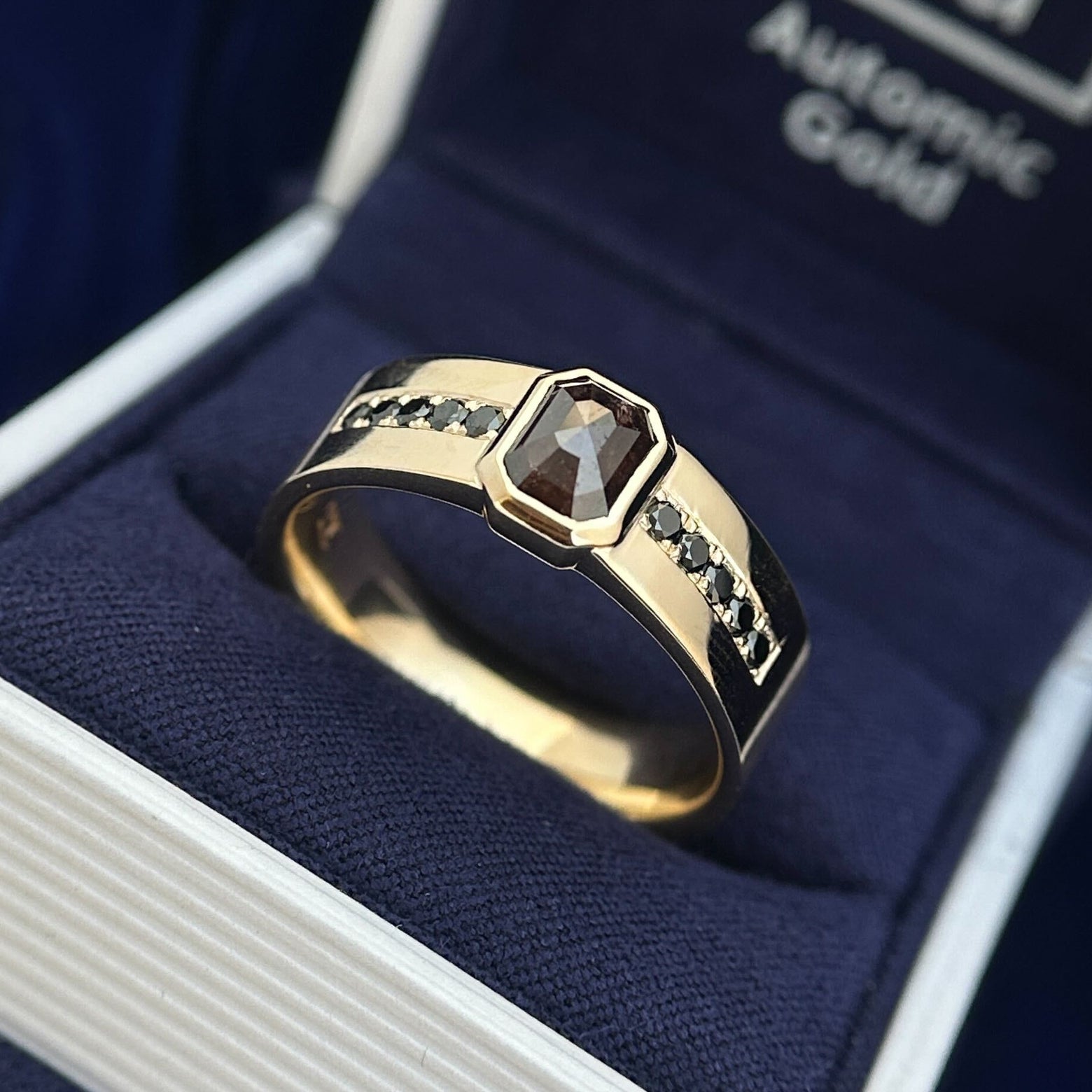 14k Yellow Gold Bezel-set Rose-cut-side-up 1.72ct 5.5x7mm Salt-and-pepper Diamond with Pave of 10pc 1.8mm Black Diamond on 7mm Solid Band Custom Engagement Ring, 10 gram, size 12