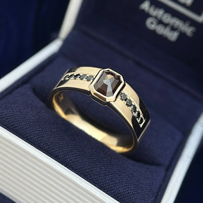 14k Yellow Gold Bezel-set Rose-cut-side-up 1.72ct 5.5x7mm Salt-and-pepper Diamond with Pave of 10pc 1.8mm Black Diamond on 7mm Solid Band Custom Engagement Ring, 10 gram, size 12