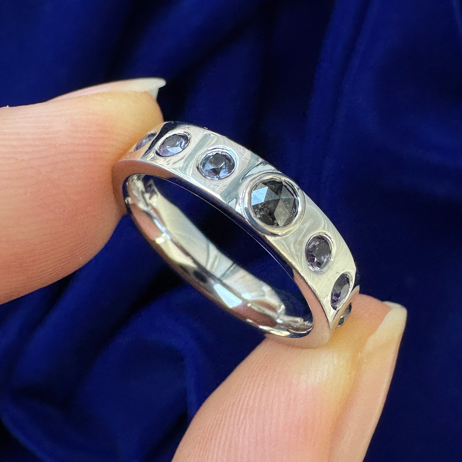 14k White Gold Bezel-set 3mm Salt and Pepper Diamond with Flush-set 6pc Small Purple Sapphires on 4mm Industrial Mirror Band Custom Ring, Size 5.125