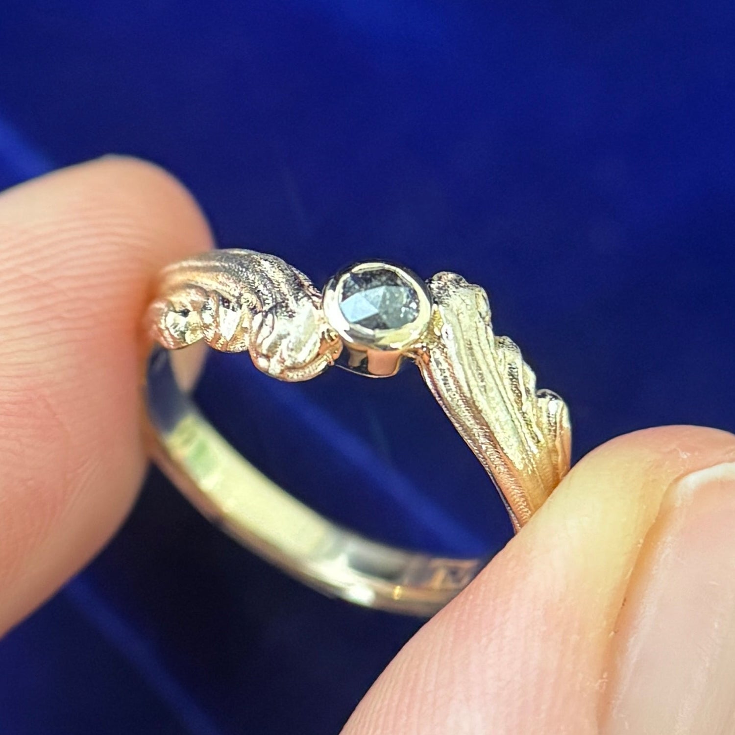 14k Yellow Gold Bezel-set 3mm Salt-and-pepper Diamond on Waves Band Custom Ring, size 5.125