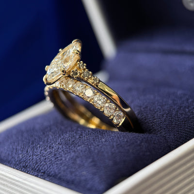 14k Yellow Gold and 6-claw-prongs 1.05ct E VVS Marquise Lab Diamond with Cluster of 1.3mm Salt-and-pepper Diamonds Custom Ring and 14k Yellow Gold 2.5mm Round Lab Diamonds half around the band Custom Ring, Both in size 6