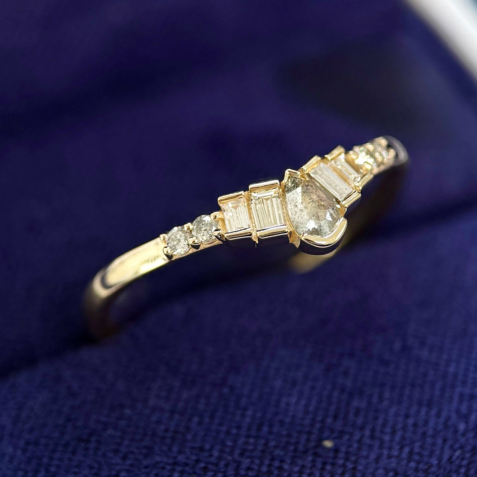 14k Yellow Gold with 1 Pear and 4 Round Light Grey Salt-and-pepper with Baguette White Diamonds Nesting Band with-83961, size 8