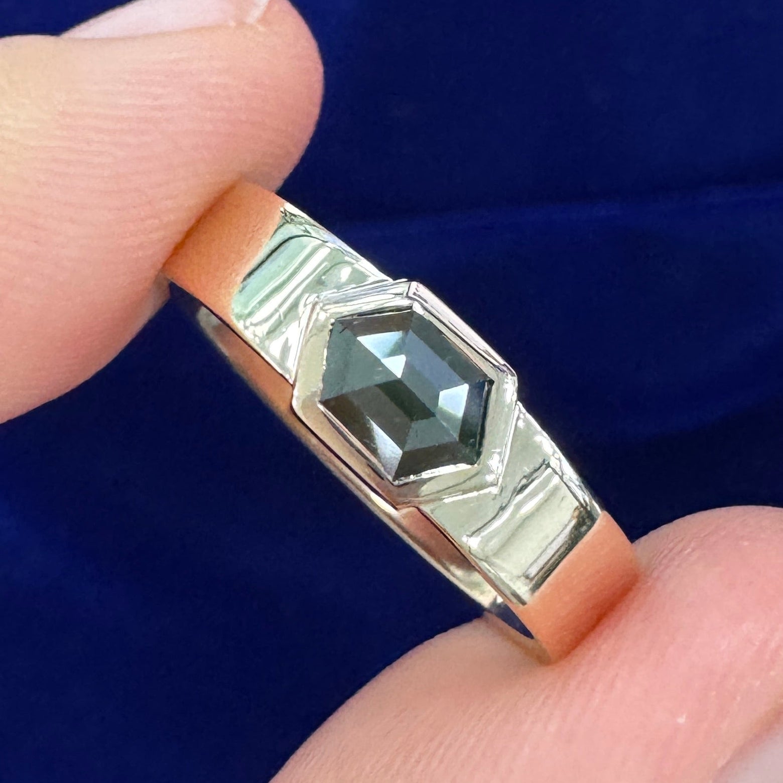 14k Yellow Gold 0.59ct Green Salt-and-pepper Hexagon Diamond Custom Ring, Size 7.25