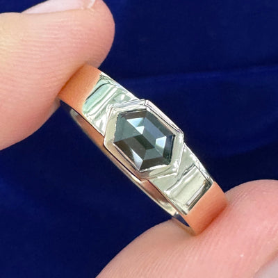 14k Yellow Gold 0.59ct Green Salt-and-pepper Hexagon Diamond Custom Ring, Size 7.25