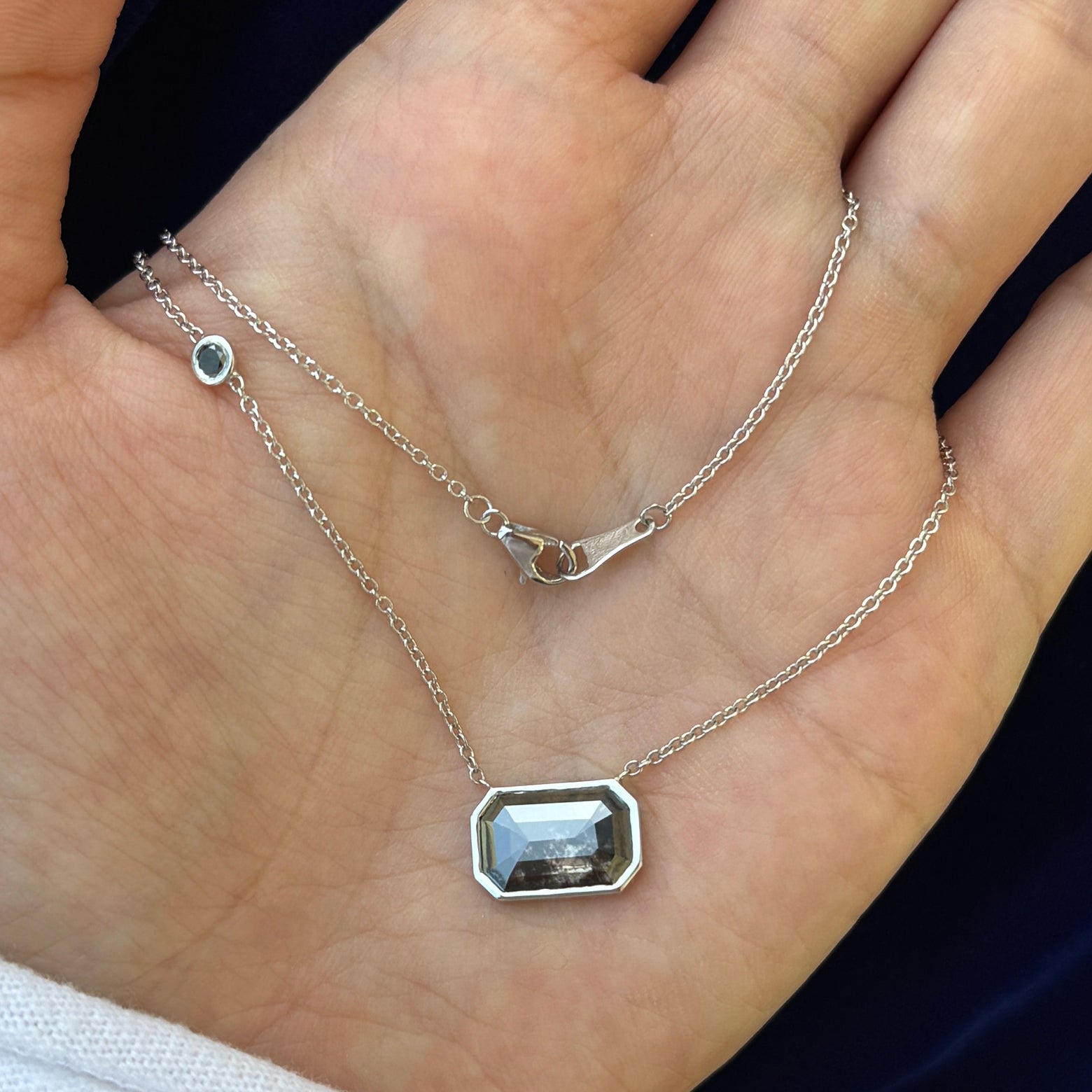 950 Platinum and Prongs-set 2.20ct 8x12mm Salt-and-pepper Lab Diamond and 3mm Black Round Diamond Custom Pendant with 950 Platinum 1.3mm 18inch Custom Cable Chain