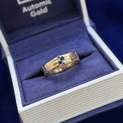 14k Yellow Gold and 4pc Dark Blue Sapphires on Two Rivers Come Together Wavy 5mm Band Custom Ring, size 4.75
