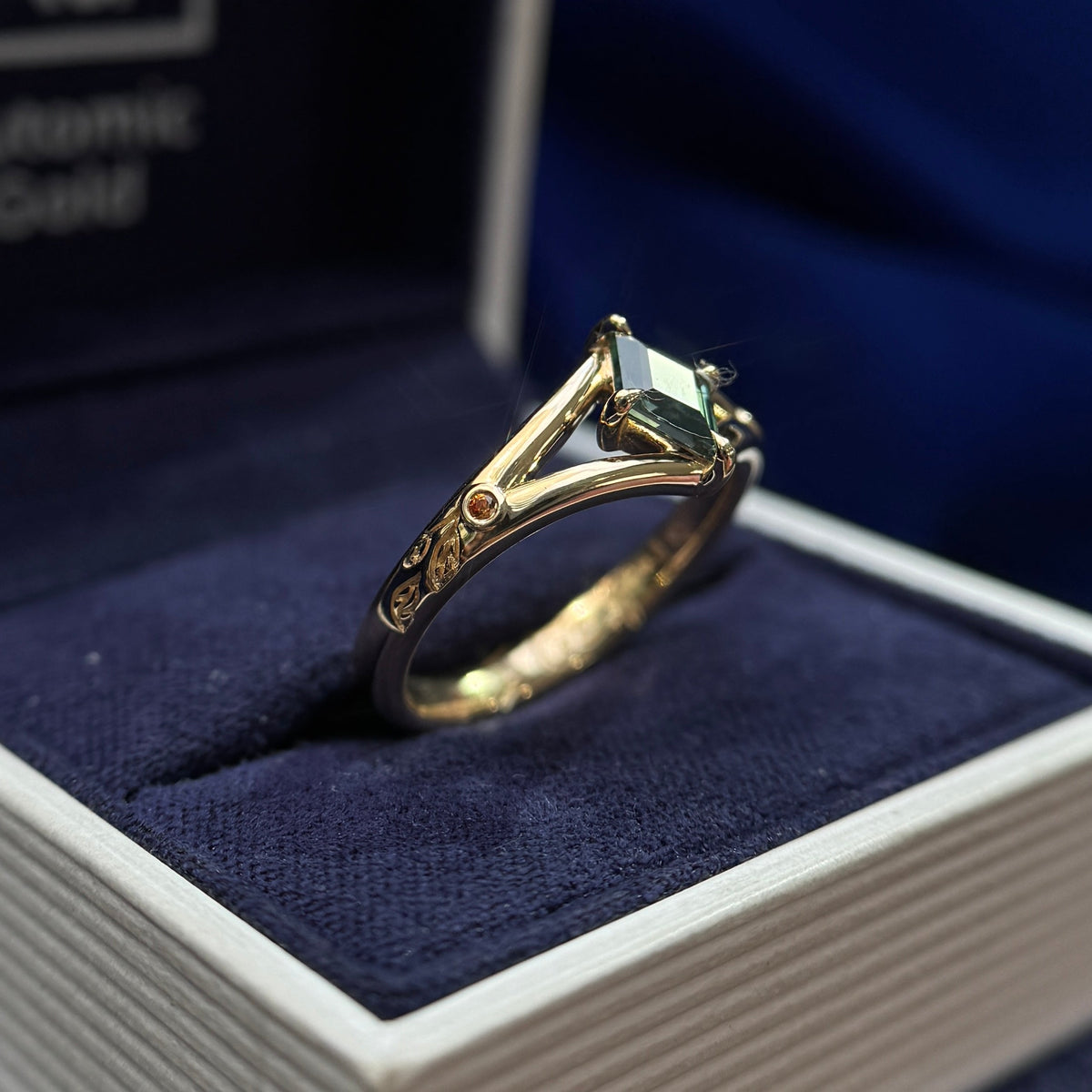 14k Yellow Gold 0.65ct Kite Blue Green Natural Sapphire with 2pcs Round Blue Sapphires on Split Branches and Blueberry Leaves Band Custom Ring, Size 7.25