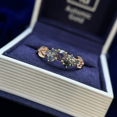 14k Rose Gold 5mm Round Purple Sapphire with Clusters of Blue, Teal and Purple Sapphires on Leaves Tapered Band Custom Ring, Size 10.25