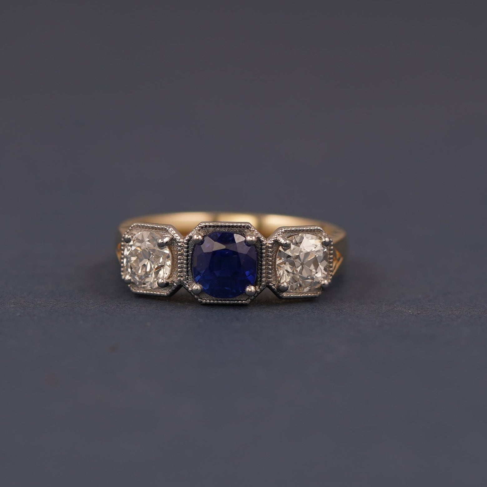 14k Yellow Gold Round Repolished Heirloom Sapphire with Heirloom Diamonds 3-stone Custom Ring