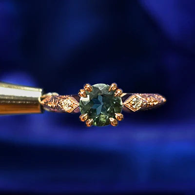 14k Rose Gold Oval Dark Green Sapphire Vintage Inspired Engagement Ring