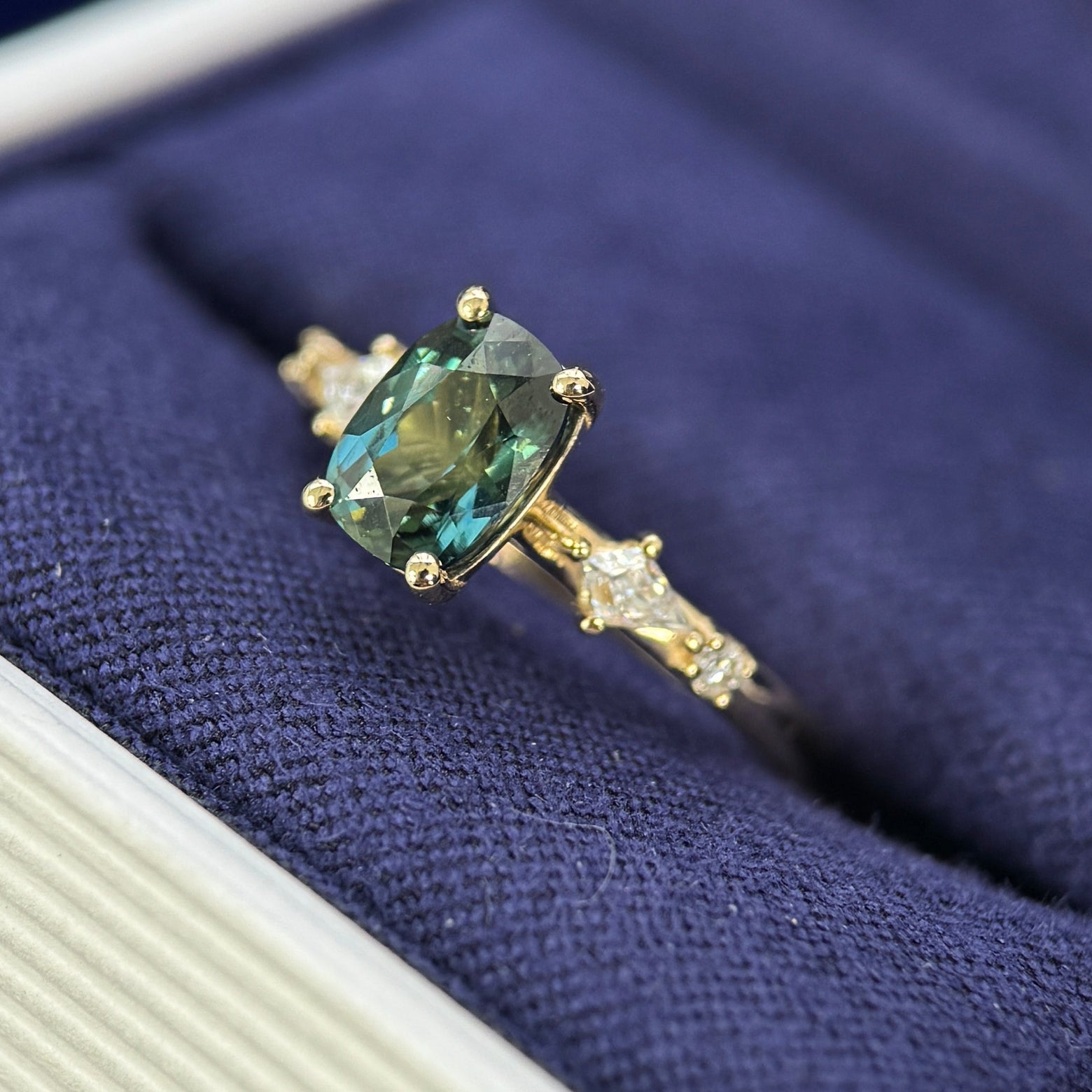 14k Yellow Gold Cathedral-hight-set 4-round-prongs Customers 1.4ct Sapphire and 5x3.5mm White Lab Kite Diamonds on 2mm Mix Mirror Band Custom Ring, Size 5