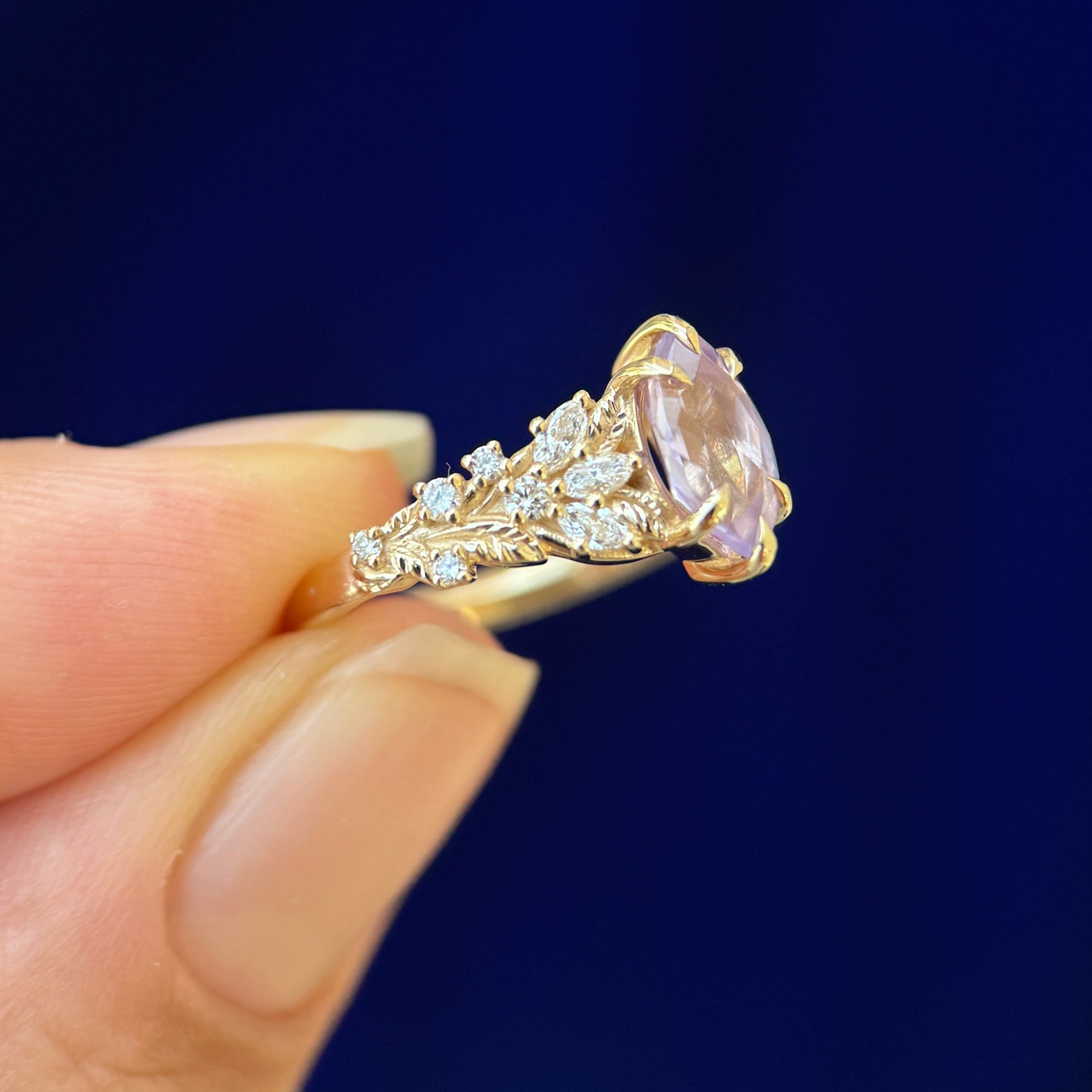 14k Yellow Gold Claw-prongs-set Custom-cut 1.53ct 8.7x5.1mm Light Purple Emerald-cut Sapphire into Marquise with 6pc Small Round Lab Diamonds with Moons, Leaves Band Custom Engagement Ring, size 5