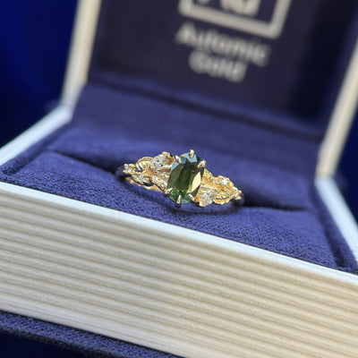 14k Yellow Gold Prongs-set 0.77ct Green Oval Sapphire with Lab Diamond Accents and Leaves on Tapered Band, size 4