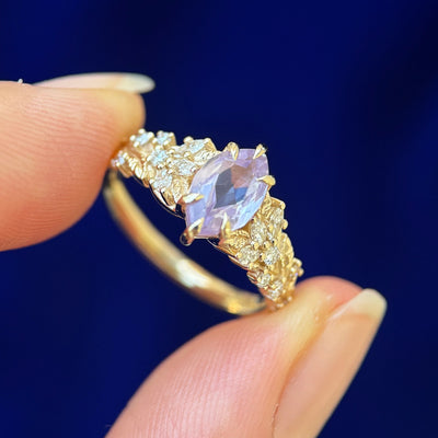 14k Yellow Gold Claw-prongs-set Custom-cut 1.53ct 8.7x5.1mm Light Purple Emerald-cut Sapphire into Marquise with 6pc Small Round Lab Diamonds with Moons, Leaves Band Custom Engagement Ring, size 5