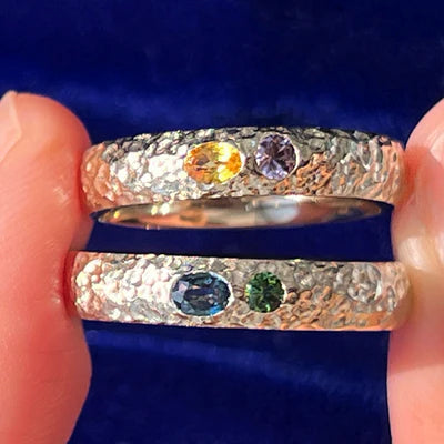 14k Champagne Gold Round and Oval Sapphires Hammered Band Custom Rings Set