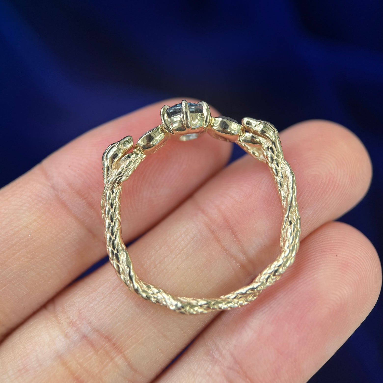 14k Yellow Gold with 1.32ct Light Blue Oval Sapphire and 0.62ct Round Salt-and-pepper Diamonds Guardian Snakes Custom Ring, size 11