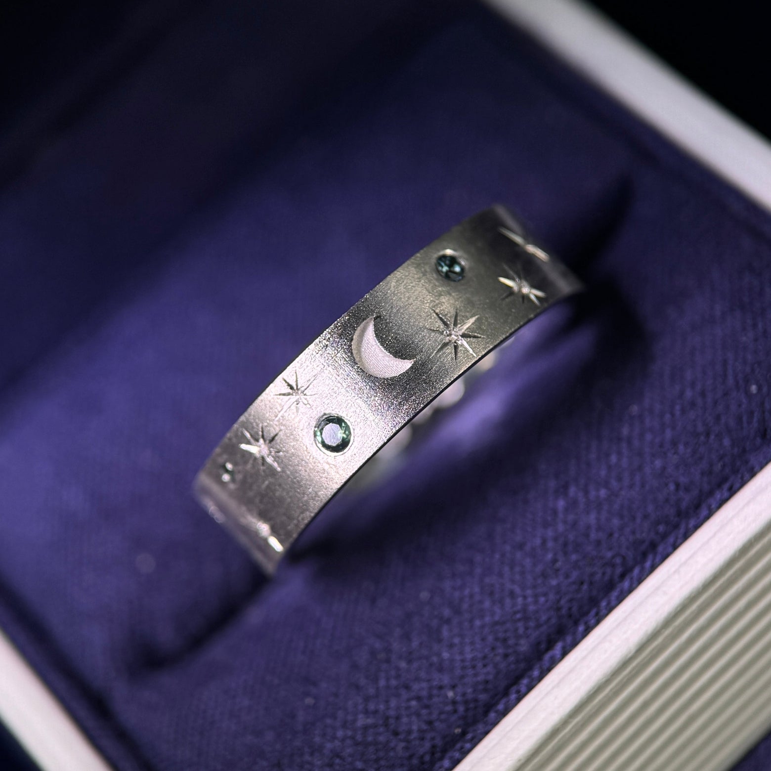 14k White Gold and 1-2mm Teal Sapphires with Crescent Moon Deep Engraved and Stars on Custom Brushed Band, Size 8.5