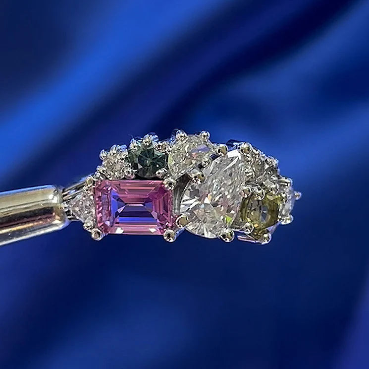 950 Platinum Mixed Shaped Sapphire and Diamond Cluster Custom Ring