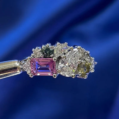 950 Platinum Mixed Shaped Sapphire and Diamond Cluster Custom Ring