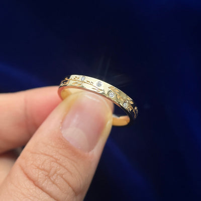 14k Yellow Gold Flush-set Pink and Light Green Sapphires, Garnet, and Lab Diamonds with Leaves Engraved on 3.2mm Industrial Mirror Band Stacking with Ring
