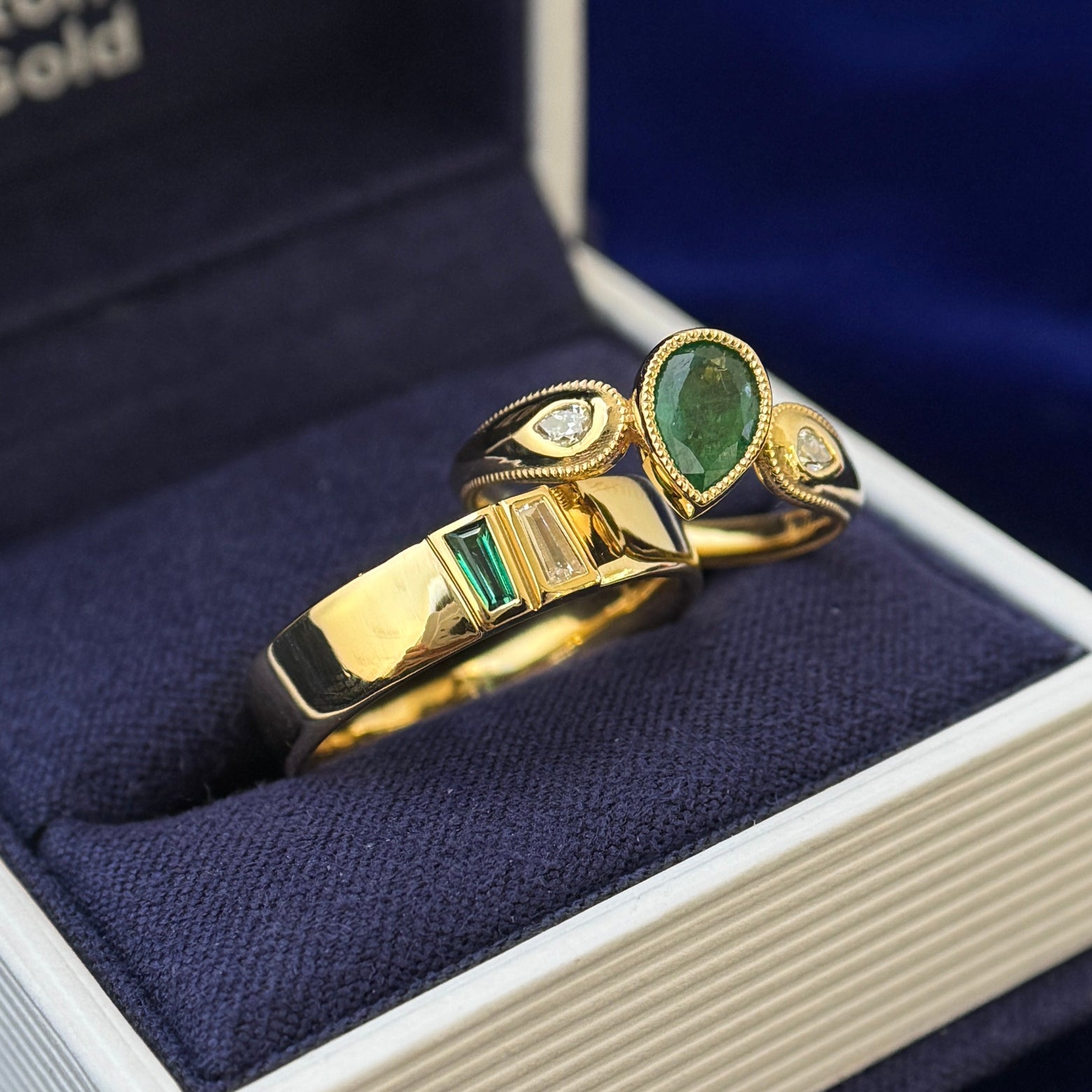 22k Yellow Gold and Milgrain-bezel-set 1.08ct Natural Emerald Custom-cut into 5x7.1mm Pear with 2pc 3x2mm Lab Diamonds Flush-set on Milgrain Tapered Band Custom Ring, 5 grams, size 4.75 and