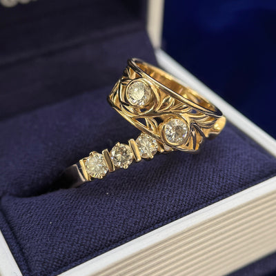 14k Yellow Gold and Prongs-and-bars-set 4pc Customers with 1pc Lab 3.7mm Diamonds on 3.5mm Industrial Mirror Band Custom Ring, 4 gram, size 7 and  14k Yellow Gold and Tension-set 3pc Customers 3.8mm Diamonds set on 9mm all around Mirror Fligree Open Band Custom Ring, 6 gram, size 4.5