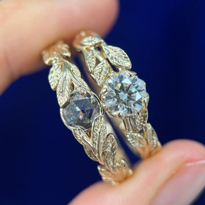 14k Yellow Gold & 1ct Round Lab Diamond set in Leaves and Brunches Band Custom Ring, size 12 and 14k Yellow Gold & 0.80ct Round Rose-cut Salt-and-pepper Diamond set in Leaves Band Custom Ring, size 13