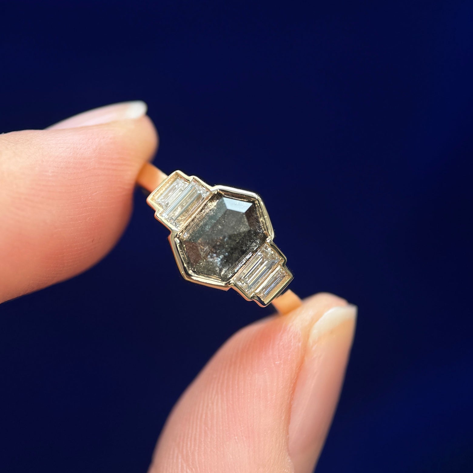 14k Yellow Gold and 1.78ct Hexagon Salt-and-pepper and 4pc Baguette Lab Diamonds Set in one bezel on 2mm Mix Mirror Band Custom Ring, size 4.5