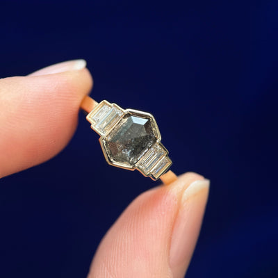 14k Yellow Gold and 1.78ct Hexagon Salt-and-pepper and 4pc Baguette Lab Diamonds Set in one bezel on 2mm Mix Mirror Band Custom Ring, size 4.5