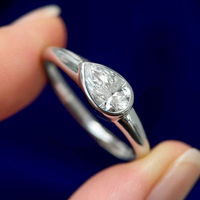 14k White Gold Bezel-horizontal-set 1ct Pear Lab Diamond on Tapered Band Custom Ring, size 10.5
