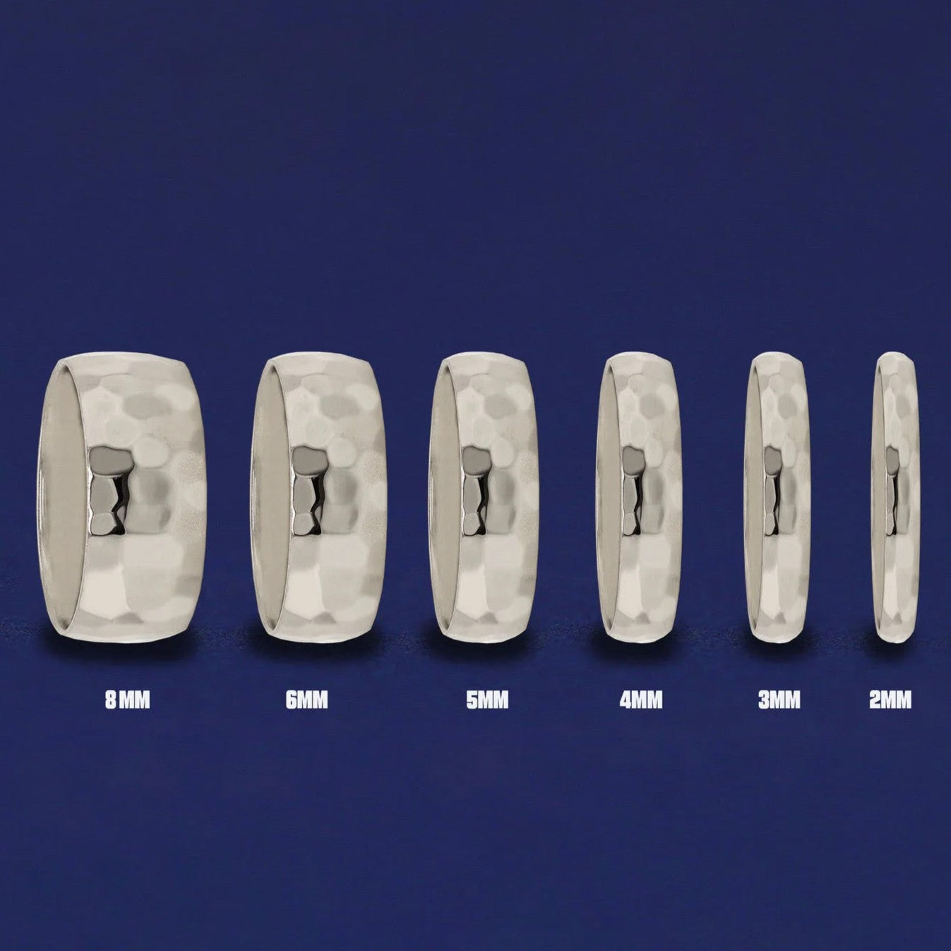 Seven versions of the Silver Curvy Hammered Band showing the different thickness options of the ring from 8mm to 2mm