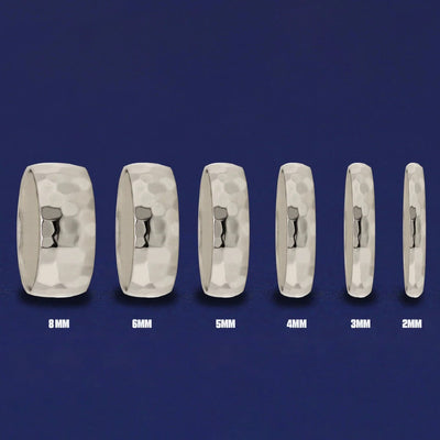 Seven versions of the Silver Curvy Hammered Band showing the different thickness options of the ring from 8mm to 2mm
