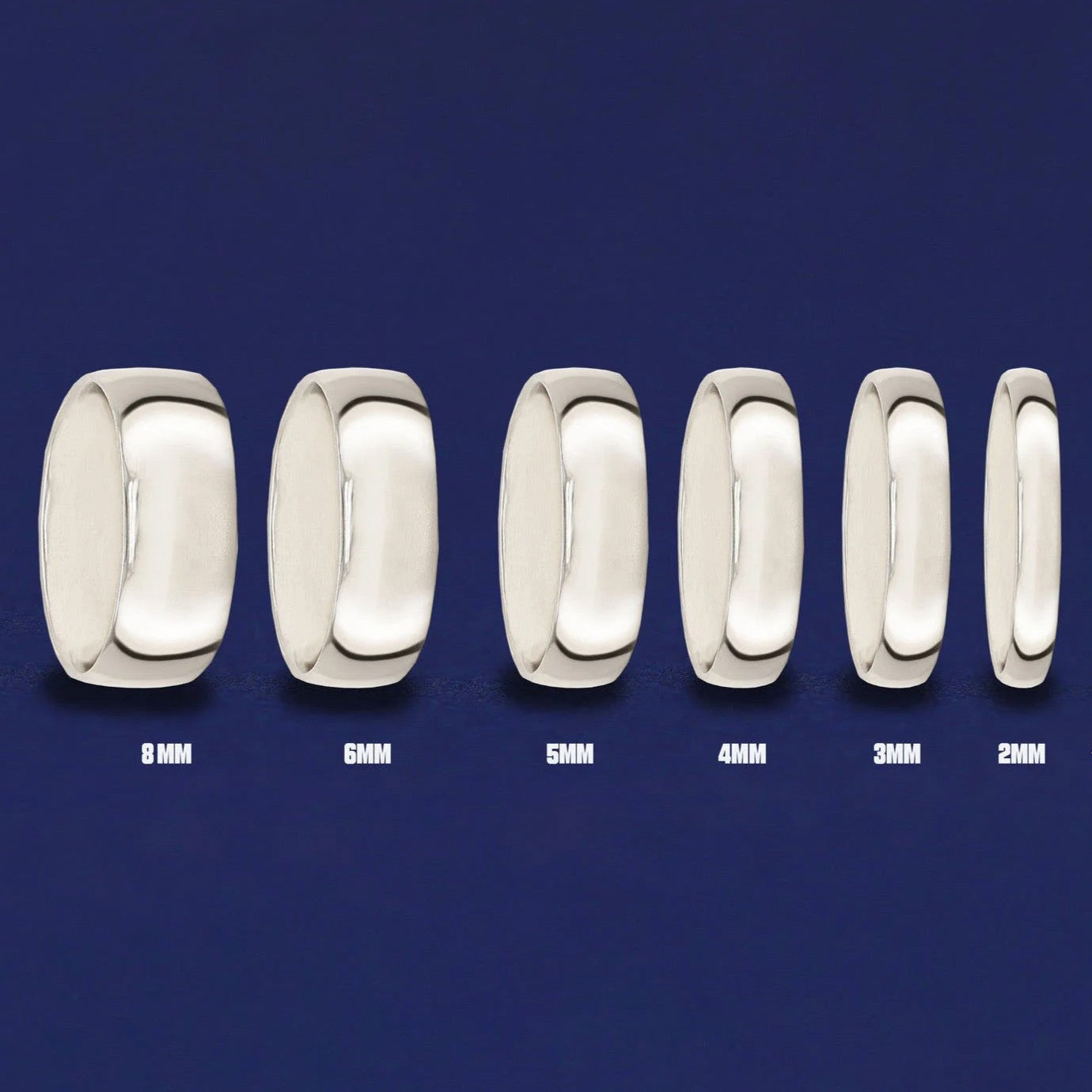 Seven versions of the Silver Curvy Mirror Band showing the different thickness options of the ring from 8mm to 2mm