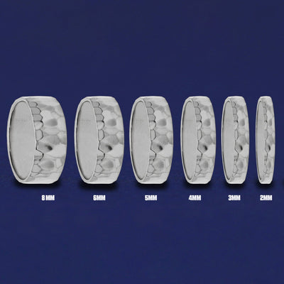 Seven versions of the Silver Industrial Hammered Band showing the different thickness options of the ring from 8mm to 2mm