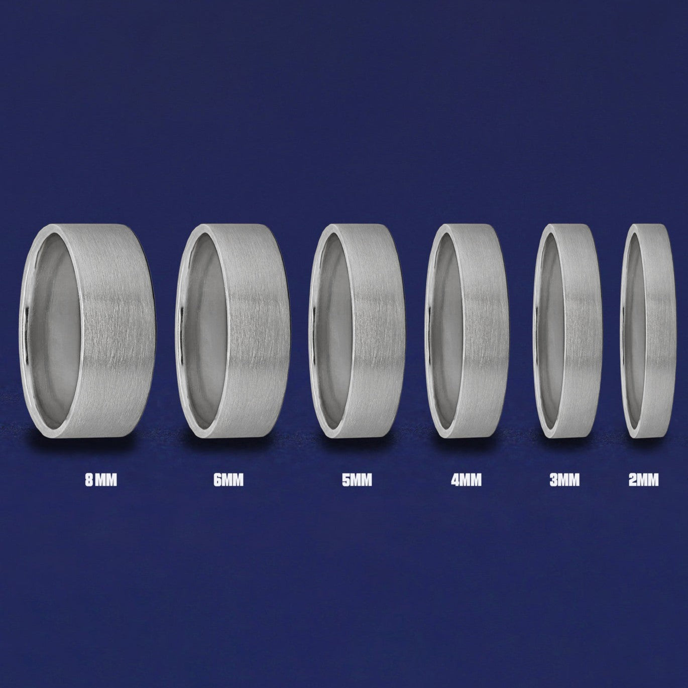 Seven versions of the Silver Industrial Matte Band showing the different thickness options of the ring from 8mm to 2mm