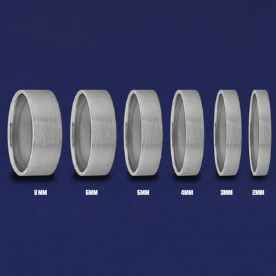 Seven versions of the Silver Industrial Matte Band showing the different thickness options of the ring from 8mm to 2mm