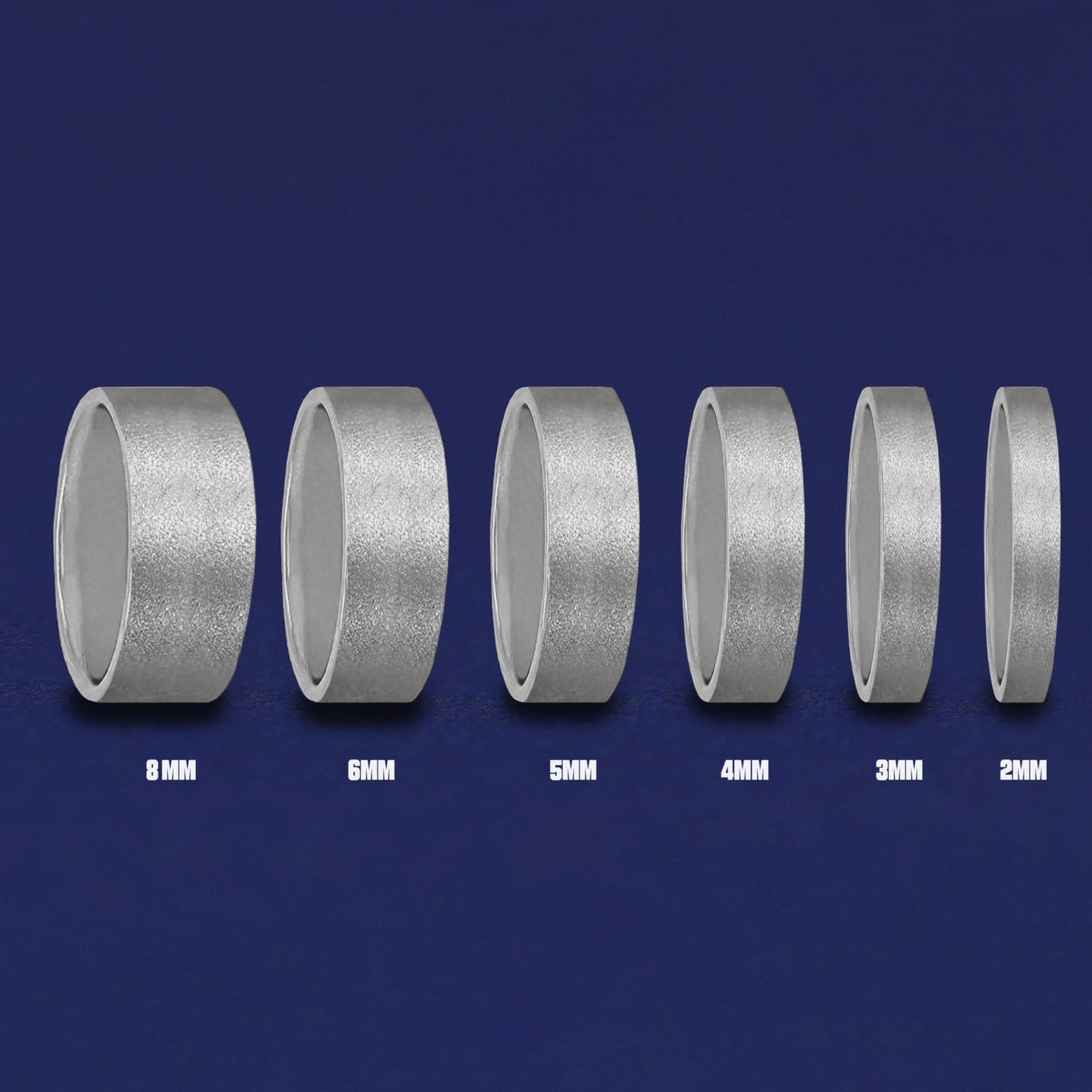 Seven versions of the Silver Industrial Stardust Band showing the different thickness options of the ring from 8mm to 2mm